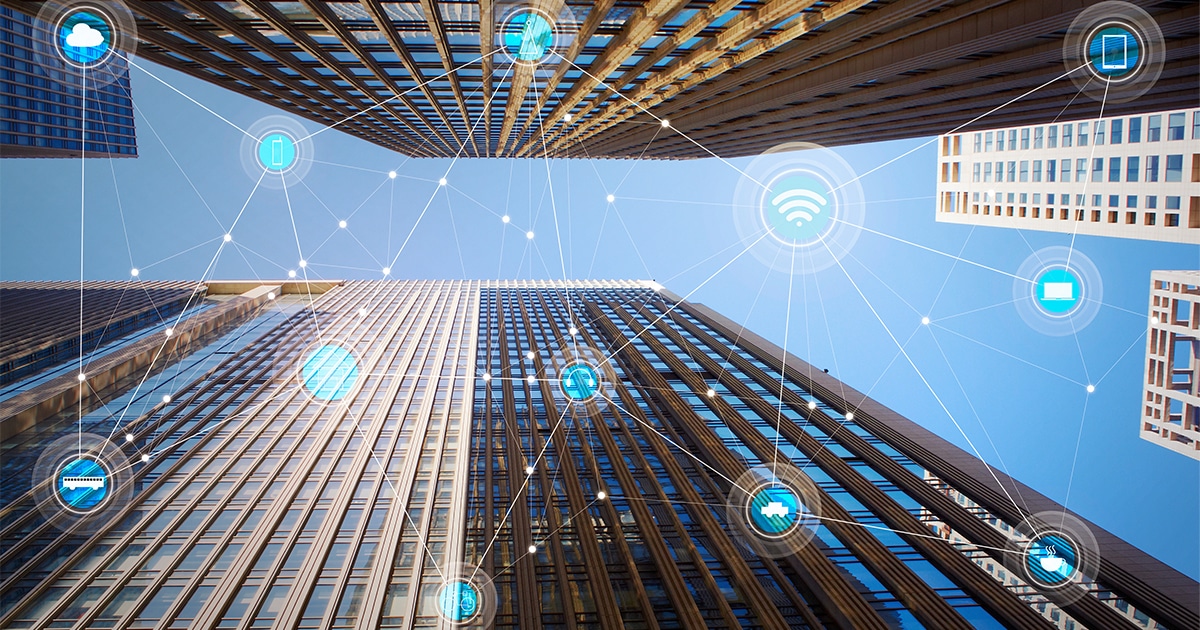 Frog perspective of high rise buildings with network graphical overlay