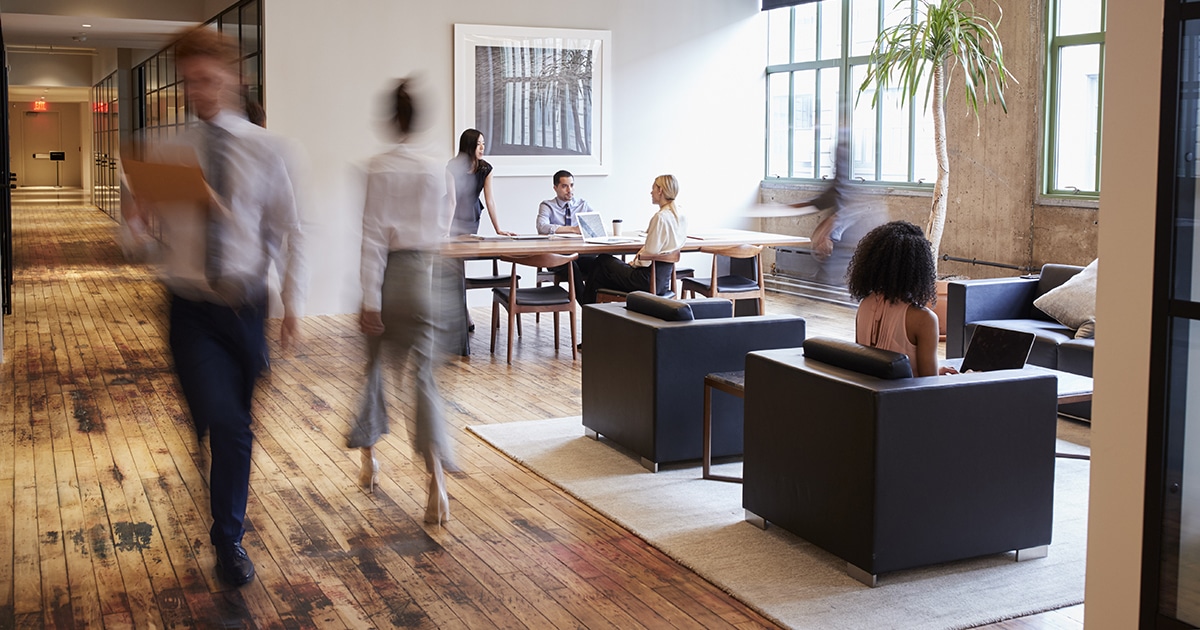 Office workers with flexible seating