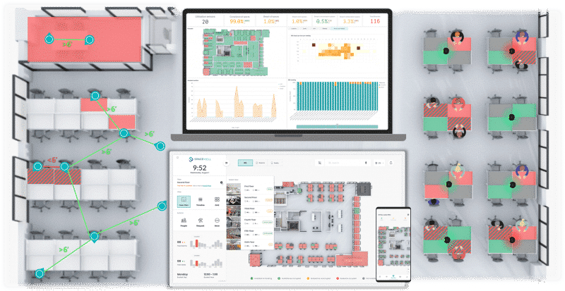 Graphical top view of office with social distancing layout