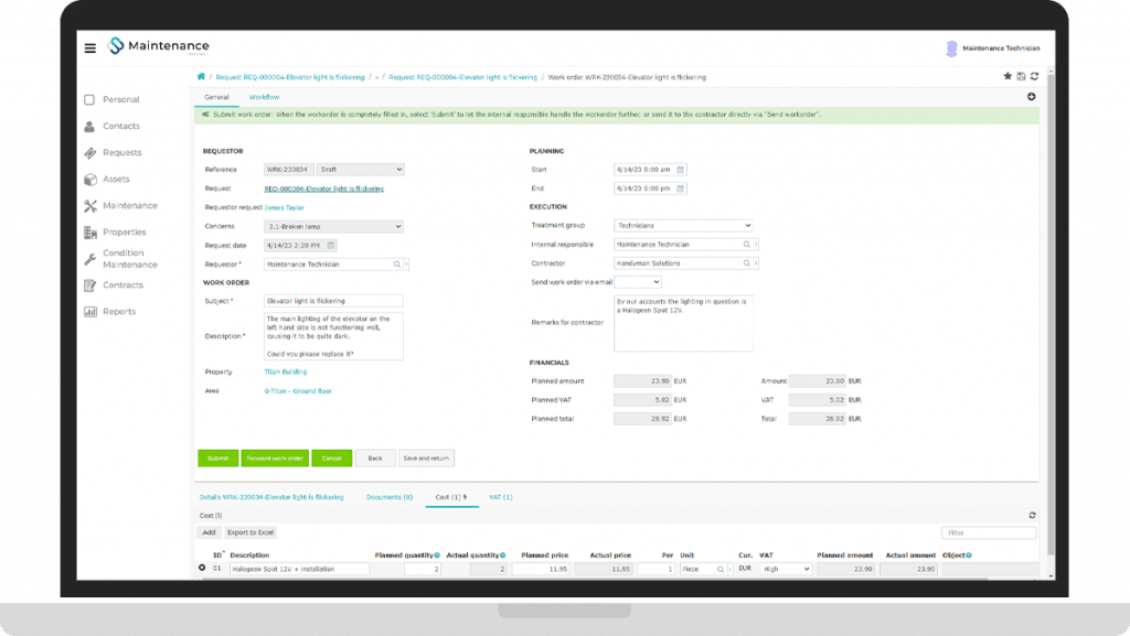 Maintenance management screenshot